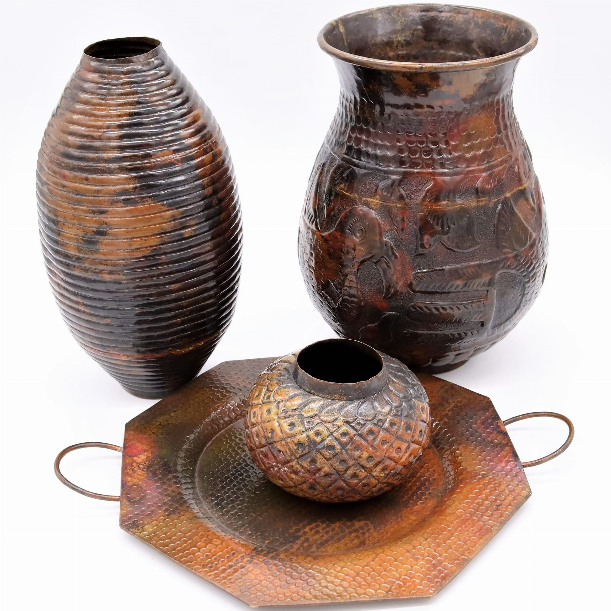 HAND ENGRAVED COPPER GOURD POTS & SERVING TRAY & ACOMA JAR & ACOMA VASE